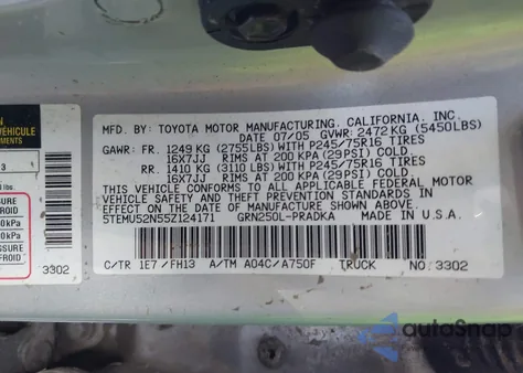 2005 Toyota Tacoma Base V6 z USA, uszkodzony, nr VIN 5TEMU52N55Z124171